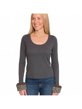 KOJI YOHJI Vintage Gray Scoop Neck Sweater with faux Cheetah Fur Wrists Size L